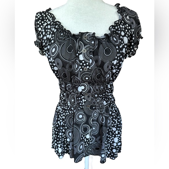 Michael Tyler Tops - Michael Tyler Babydoll Retro Y2K Style Black and White Geometric Circles- Small